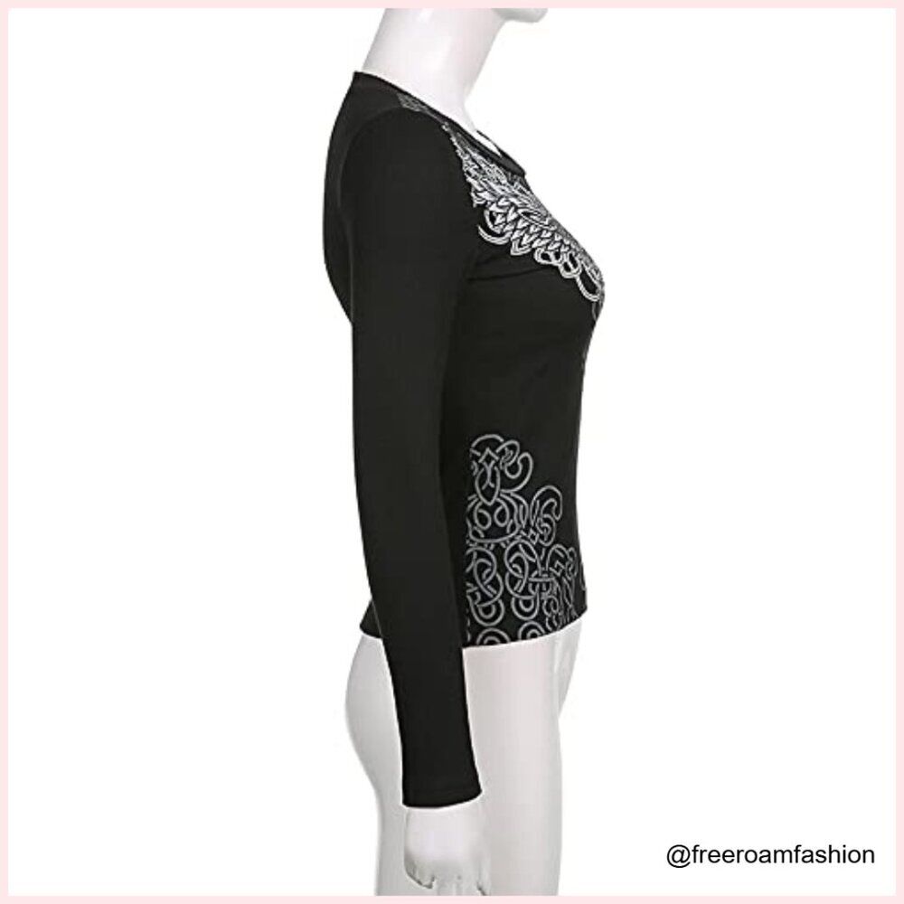 Long Sleeve V Neck Crop Top Slim Fit Y2K Grunge T-Shirt Rhinestone - Picture 6 of 7